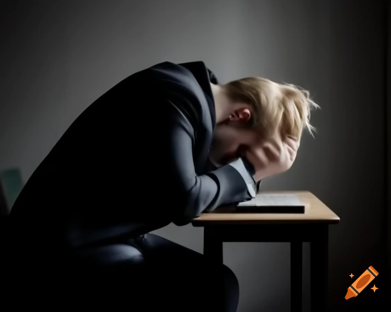 Blonde man in a suit looking down at a table in disappointment