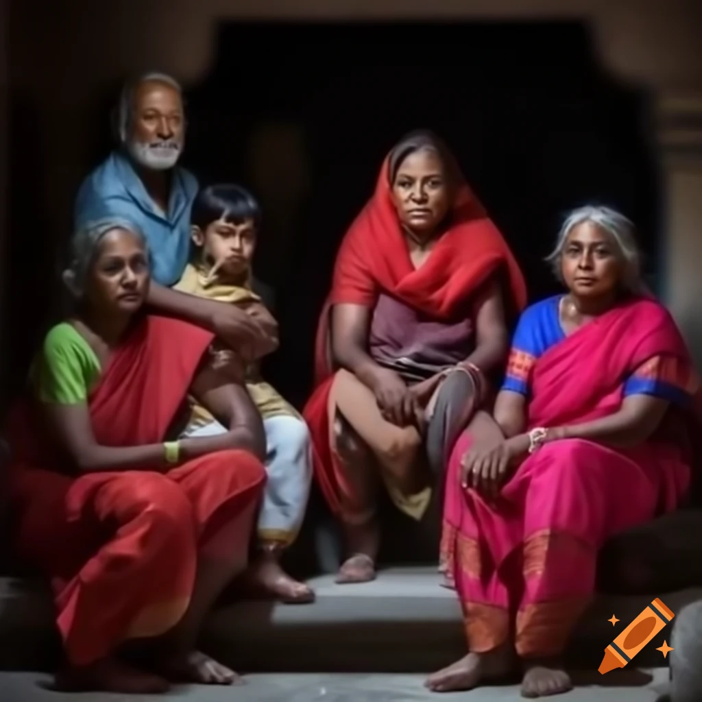 Indian family posing together in traditional village house