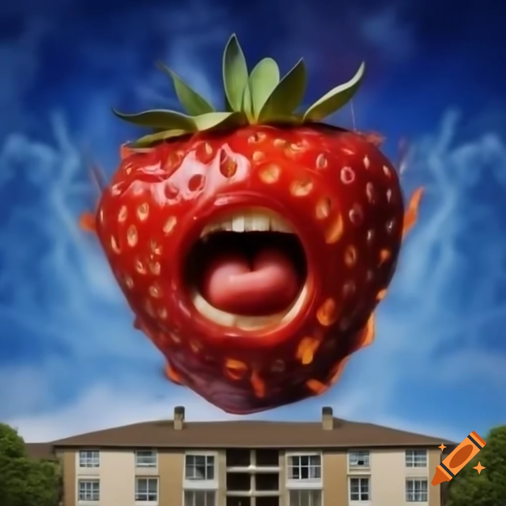 Strawberry with screaming mouth burning like a meteor over apartment building
