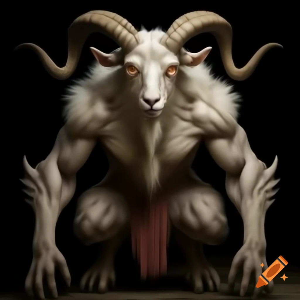 Goat-headed demon with large horns in human posture wearing shorts