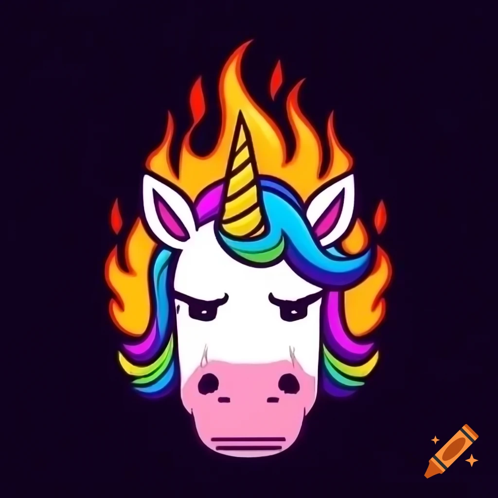 Angry unicorn head with flames surrounding it