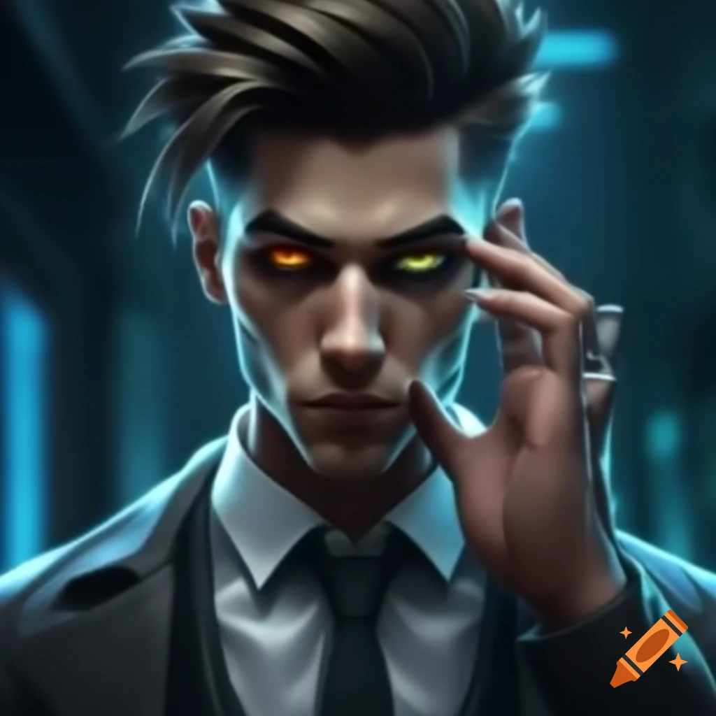 Cyberpunk detective with modern hairstyle and cybernetic eye implants, appearing shifty