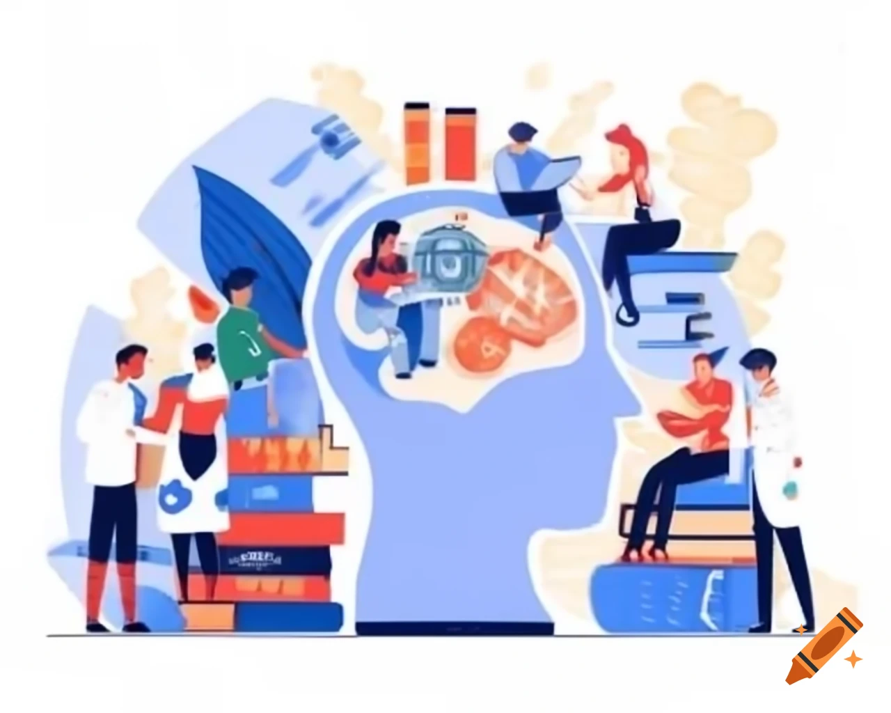Researchers studying a multilingual robot head among books and tools