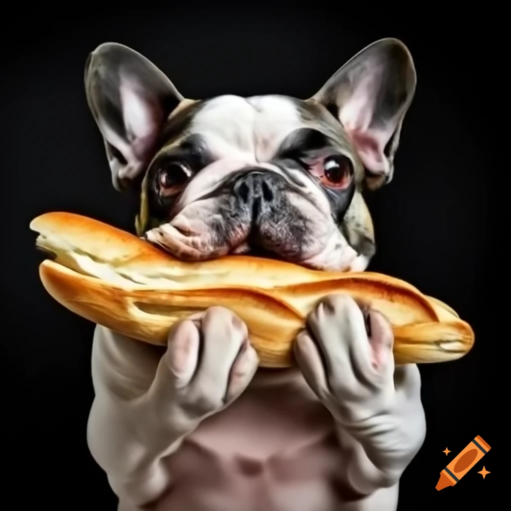 French bulldog with baguette in mouth