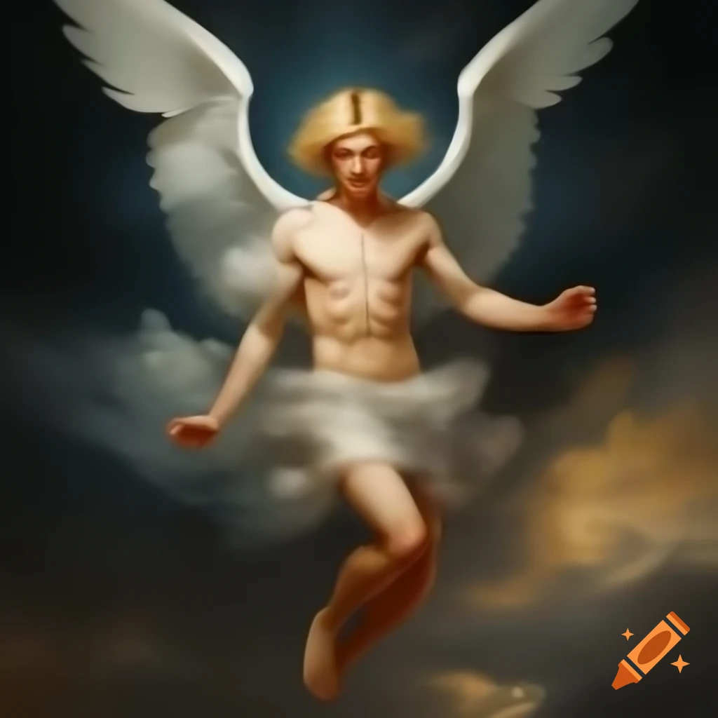 Renaissance painting of long-haired blonde male angel falling from heaven
