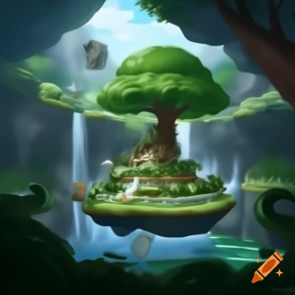 Floating garden in space with waterfall and tree of life, dragon in background