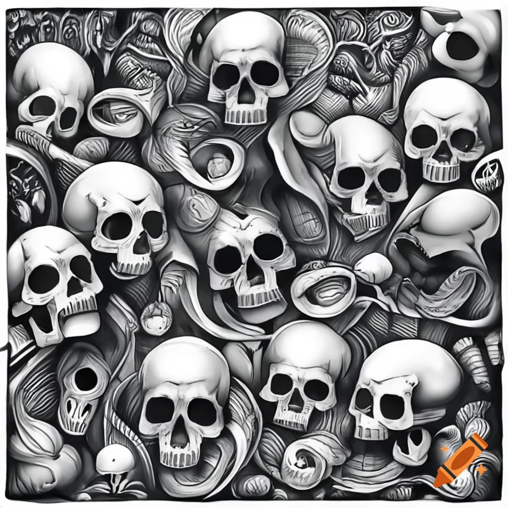 Surreal mezzotint ink drawing of skulls in steampunk style