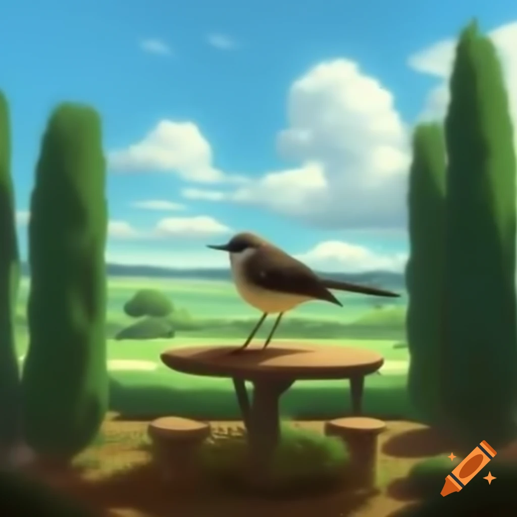 Bird on bird table in garden with trees and cloudy blue sky