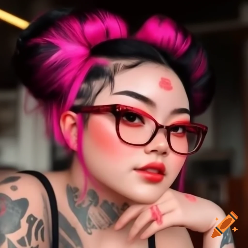 Chinese woman with tattoos, pink and black hair wearing glasses