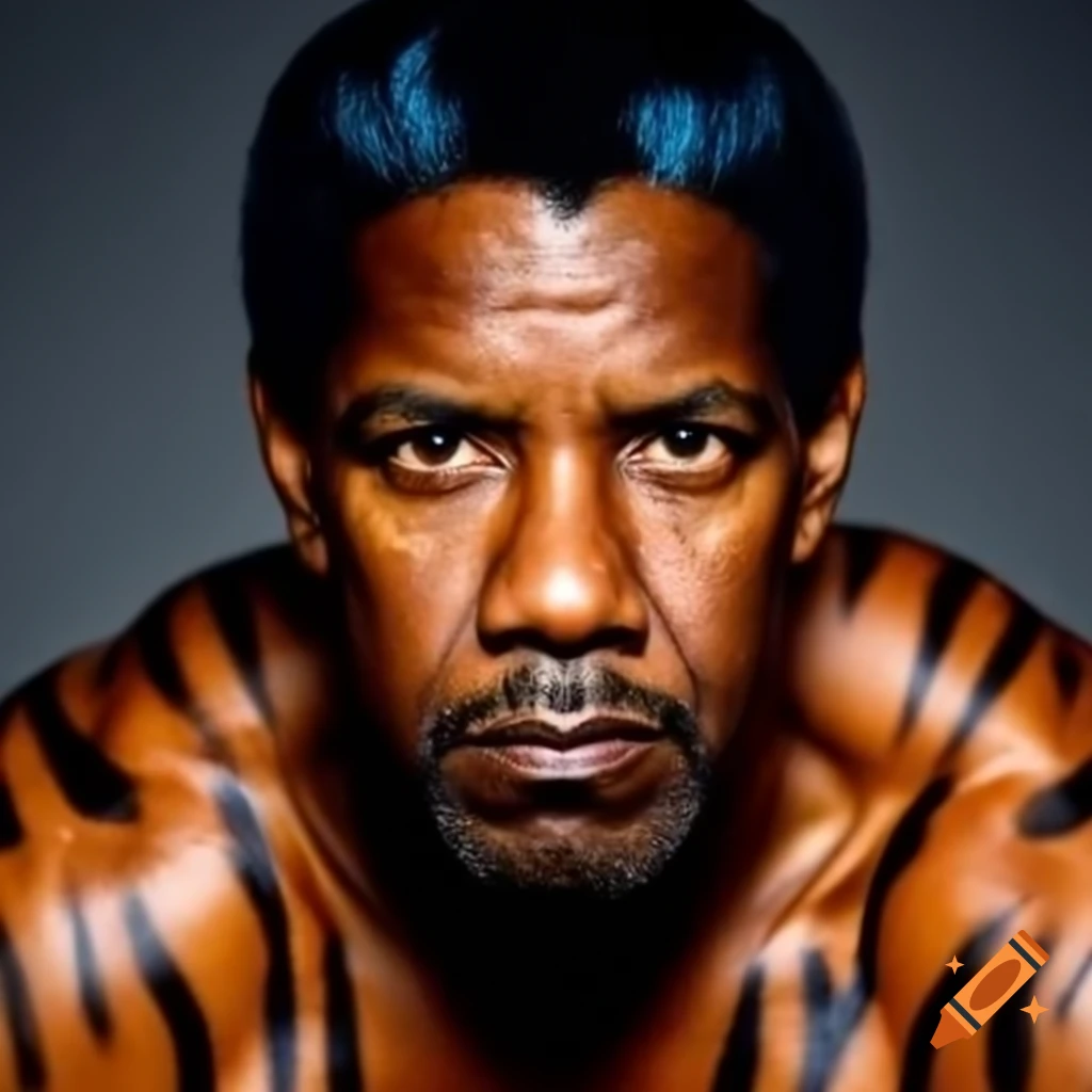 Muscular person with tiger-style makeup and blue hair