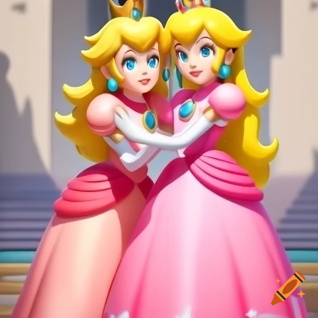 Princess Peach and Link in pink silk ballgowns, high quality video game art