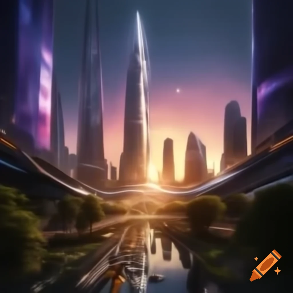Futuristic city at sunset with glass skyscrapers and flying drones