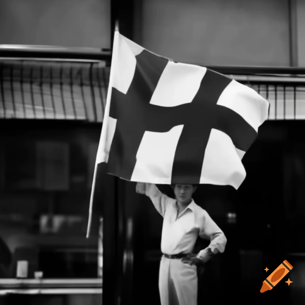 Faceless man waving white flag in front of coffee shop