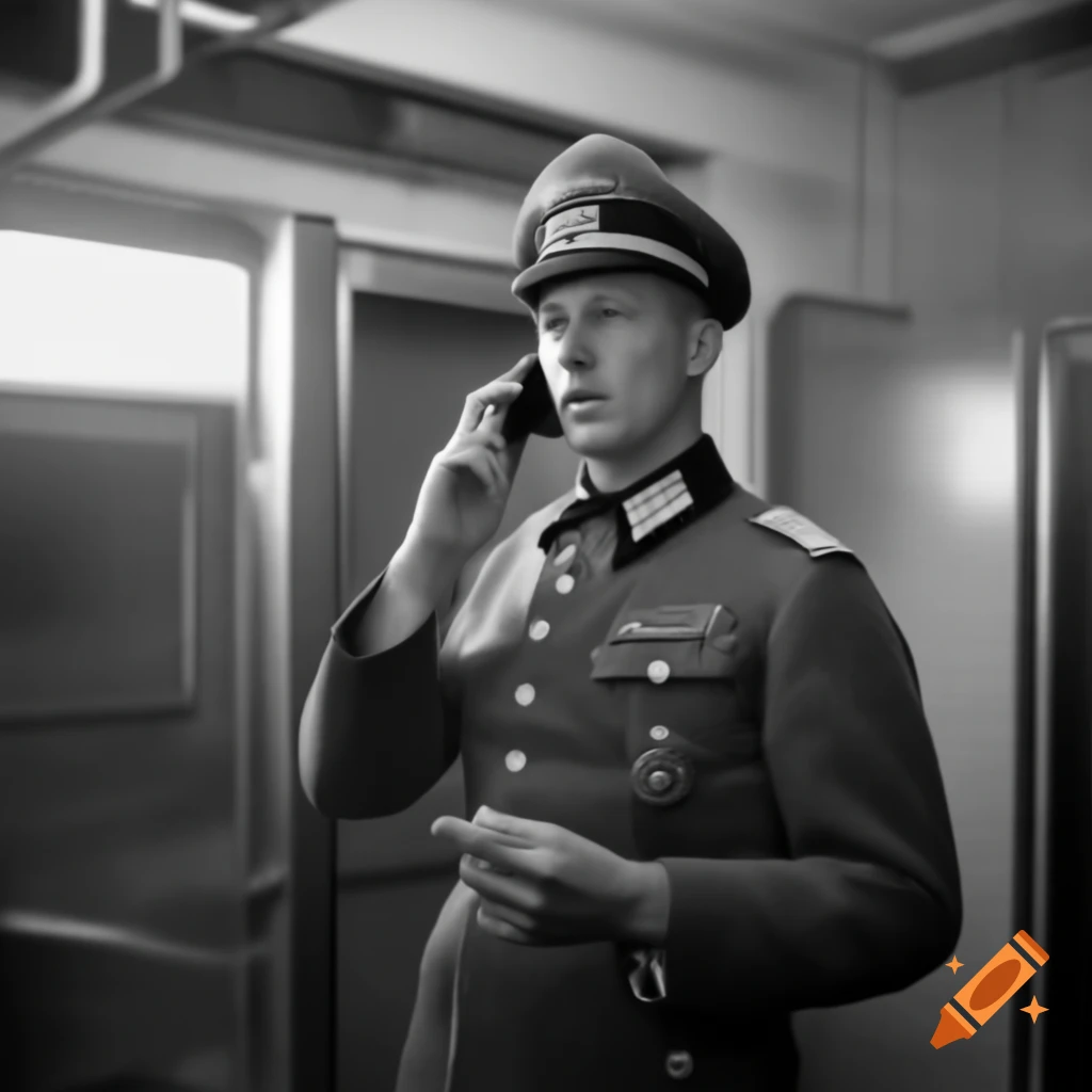 World War II German officer using modern cell phone