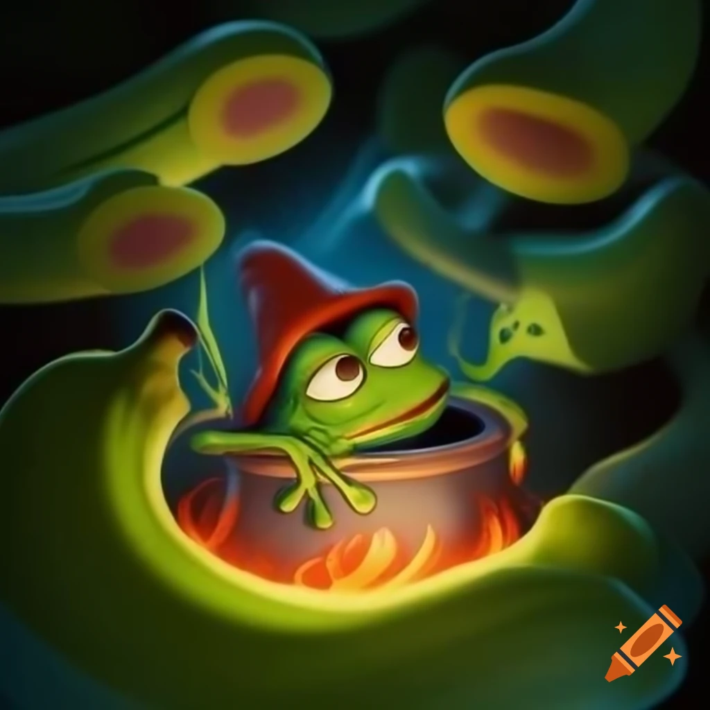 Mischievous Pepe the frog in crockpot with colorful magical elements