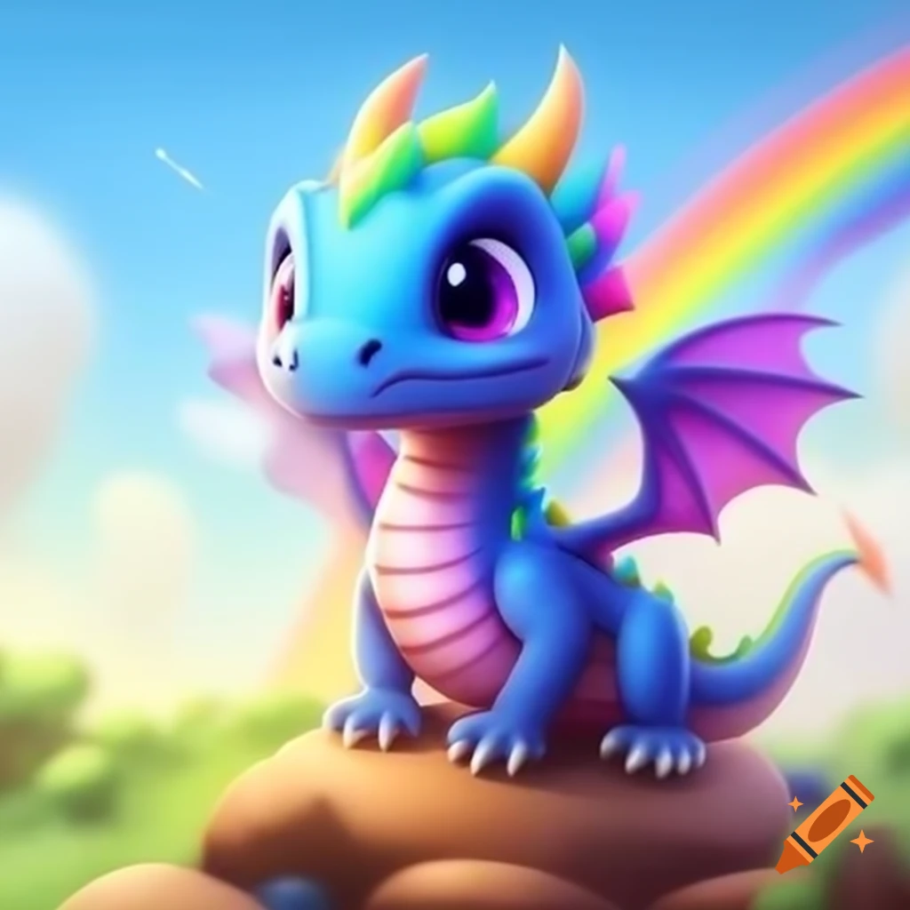 Adorable baby rainbow colored dragon with vivid rainbow in the sky