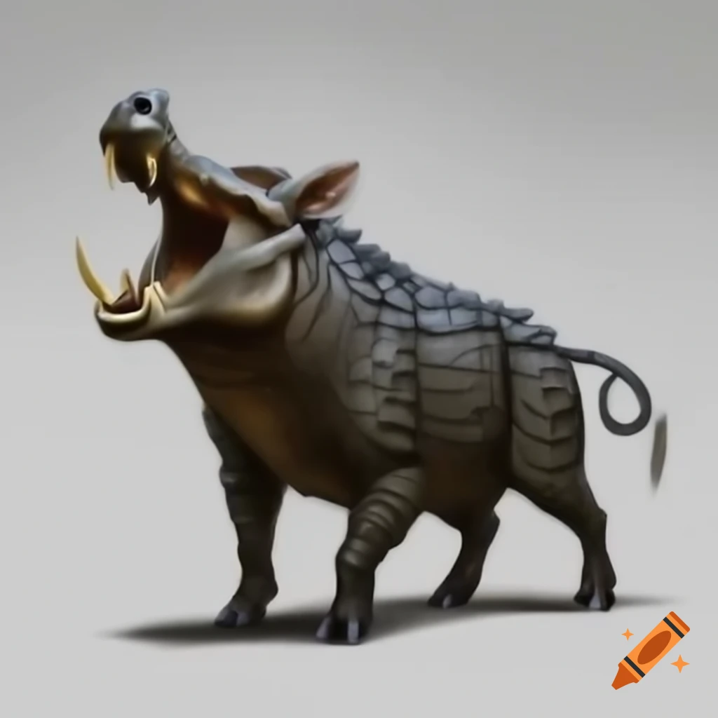 Hyper realistic wild boar-croc creature with tusks and fur
