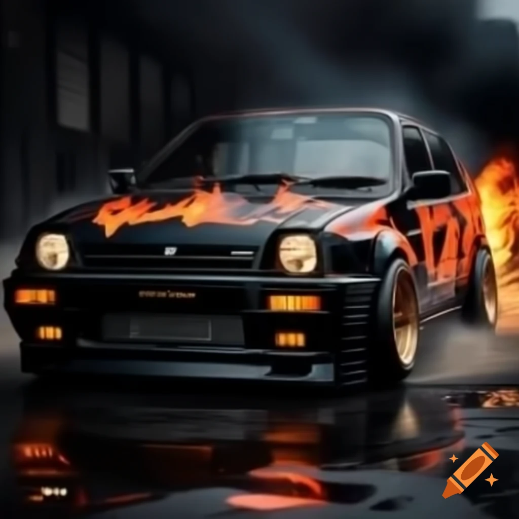 Ghost rider themed fire and flames on black Maruti 800 car paint