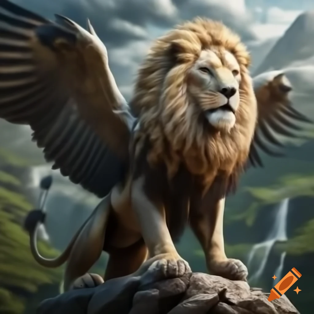 Majestic silver lion with eagle wings on rocky mountain with waterfalls in the valley