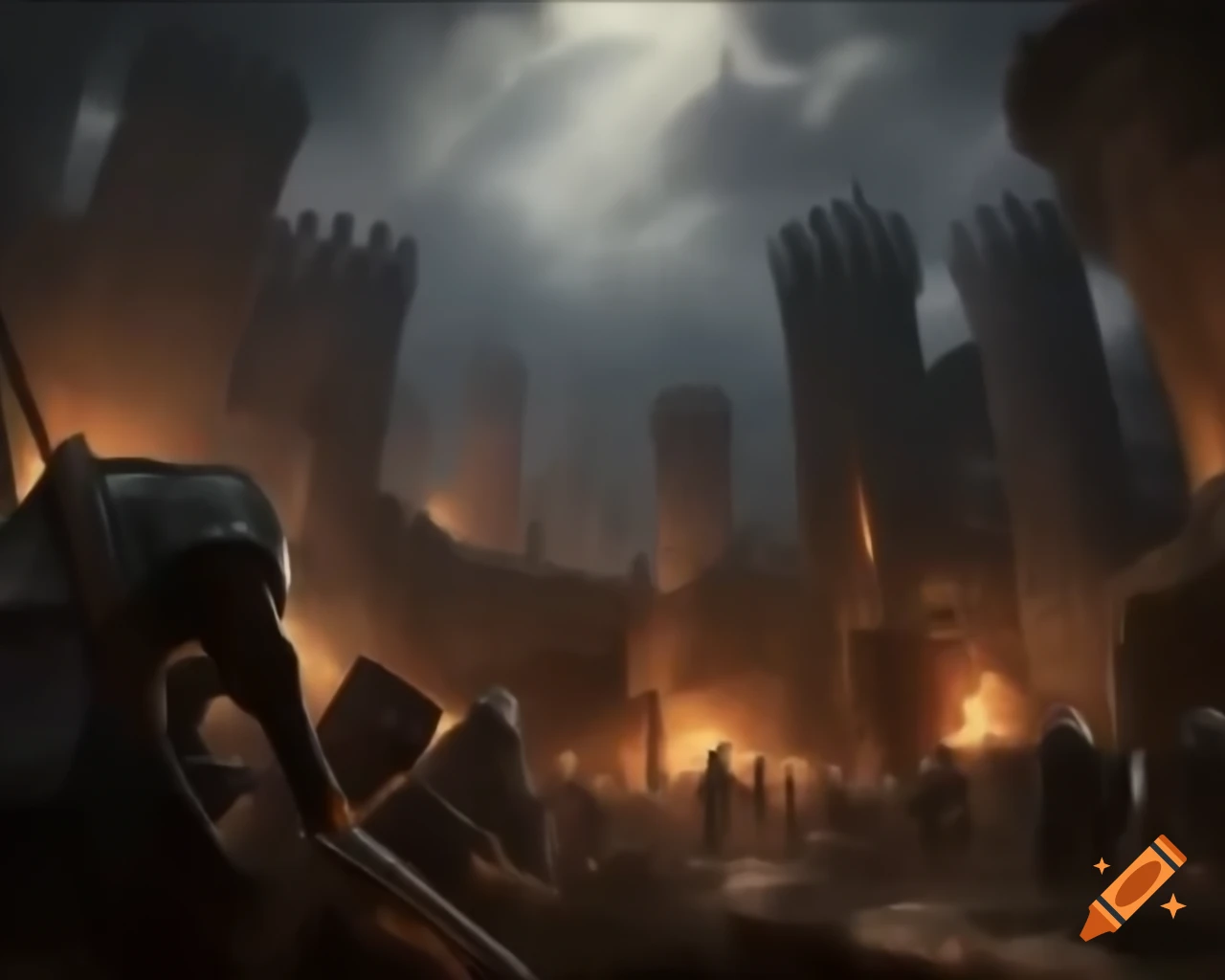 Remnants of medieval battlefield in painting style with no people present