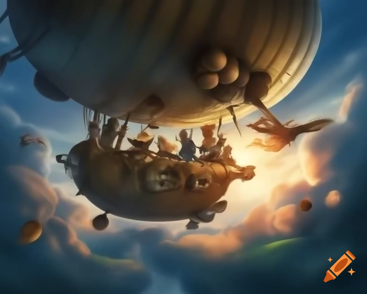 Steampunk airship soaring through clouds with clockwork and brass design