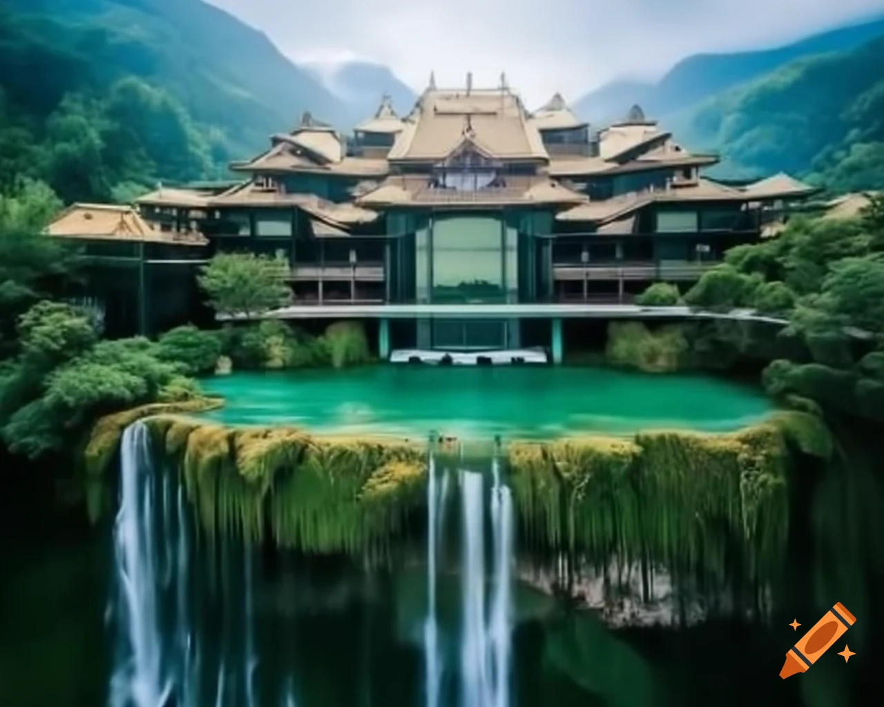 Emerald palace made of glass surrounded by lush foliage