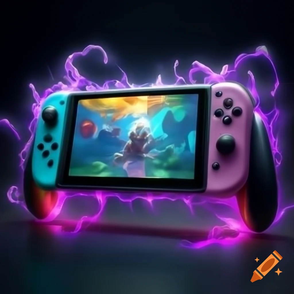 Futuristic glowing Nintendo Switch pulsating with vibrant energy