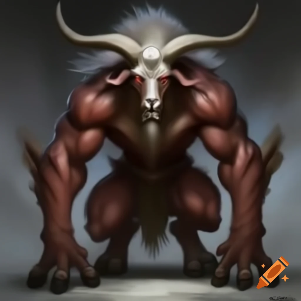 Goat-headed demon with large horns and muscular physique in HD oil painting