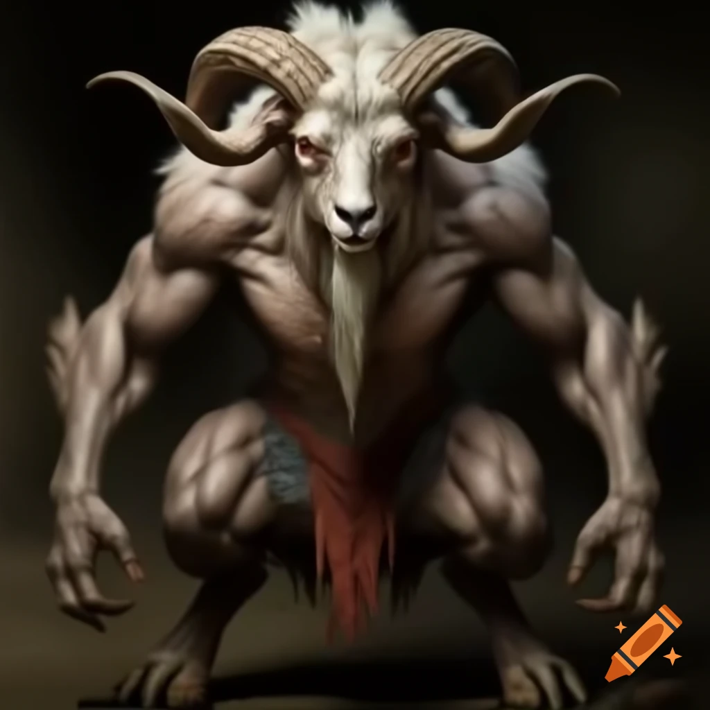Goat-headed demon with large horns in human posture wearing shorts