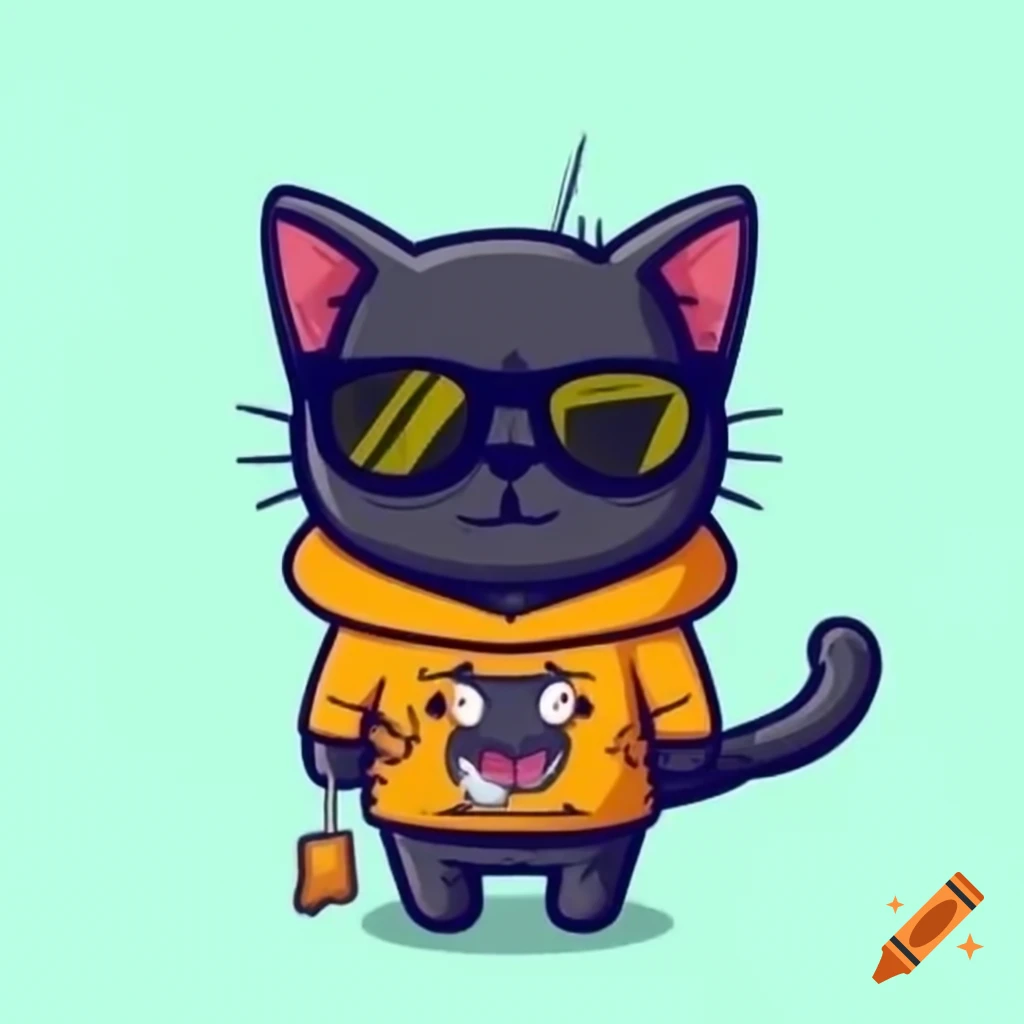Cartoon art of black cat in sunglasses and pajamas outfit