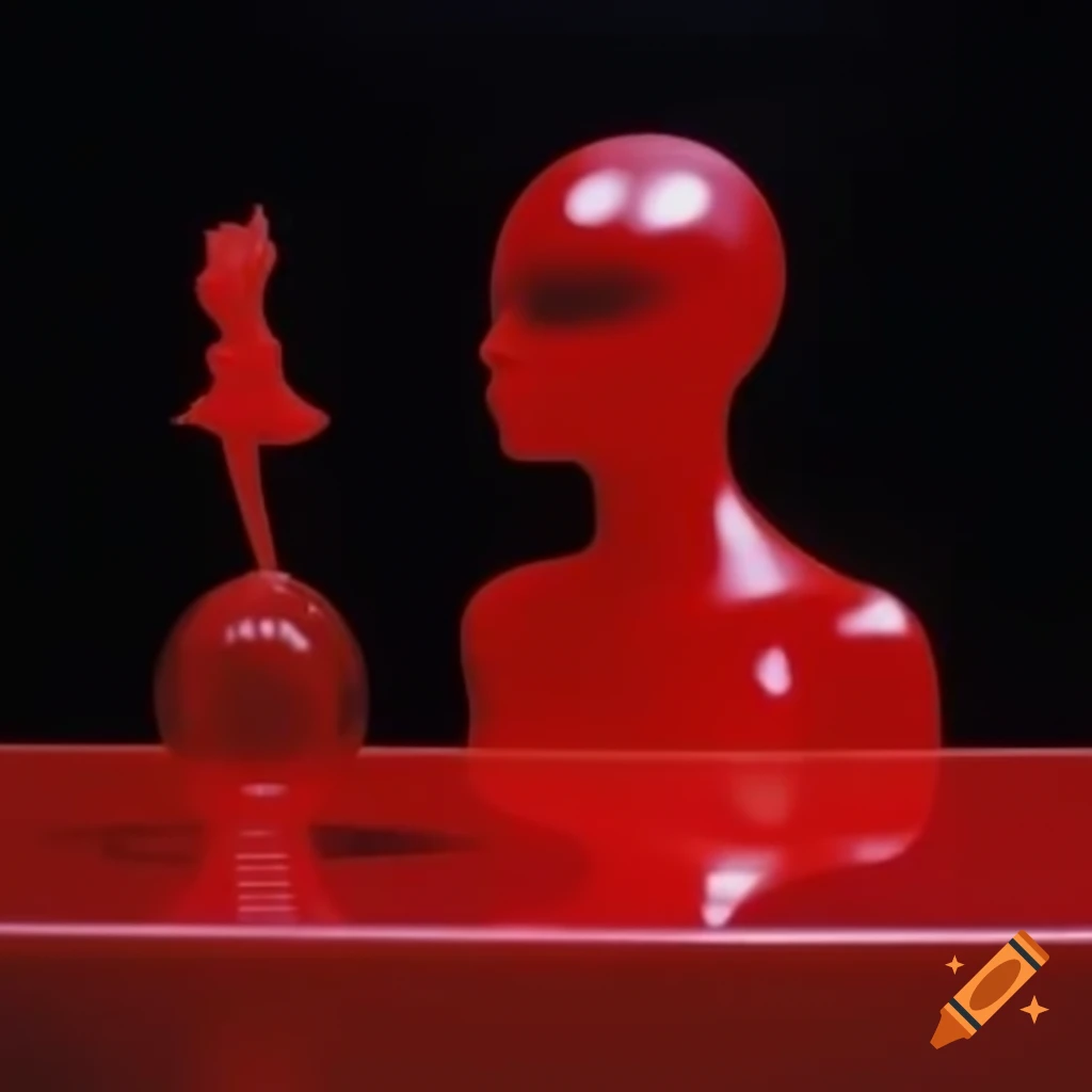 Pop surreal photography featuring red glass statue from 2000s