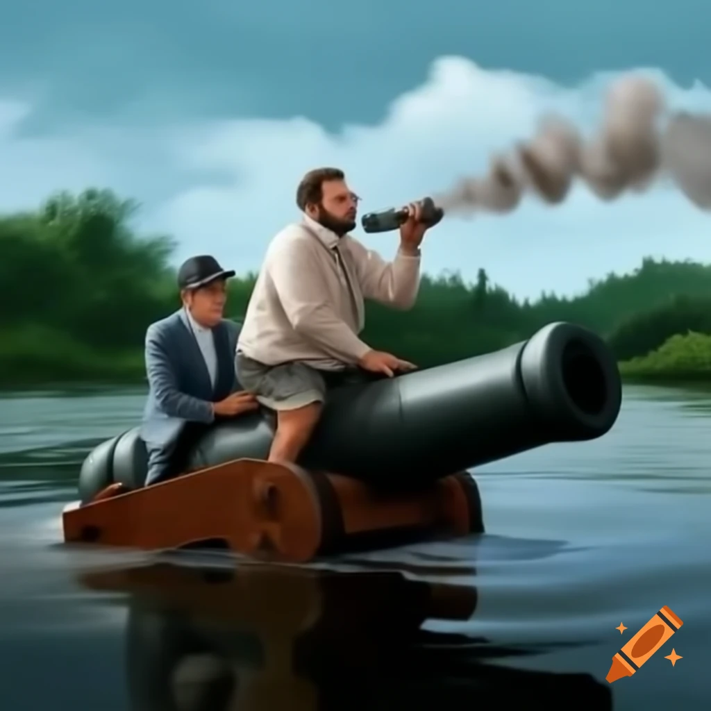 Man riding cannon ball over river, smoking