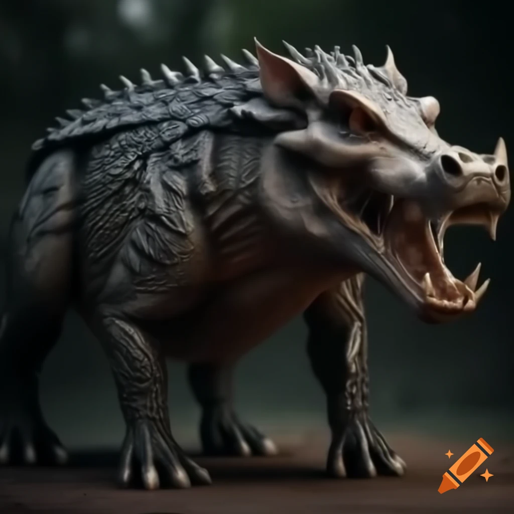 Hyper-realistic wild boar-croc fantasy creature with prominent tusks