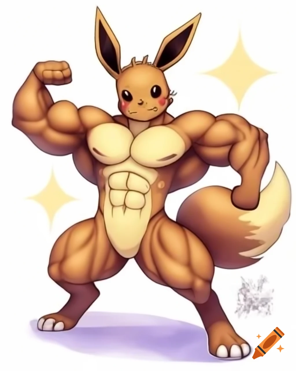 Muscular anthro Eevee bodybuilder flexing muscles in furry art style