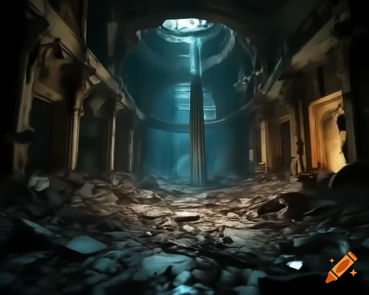 Ultra-realistic depiction of a post-apocalyptic world in darkness and ruin