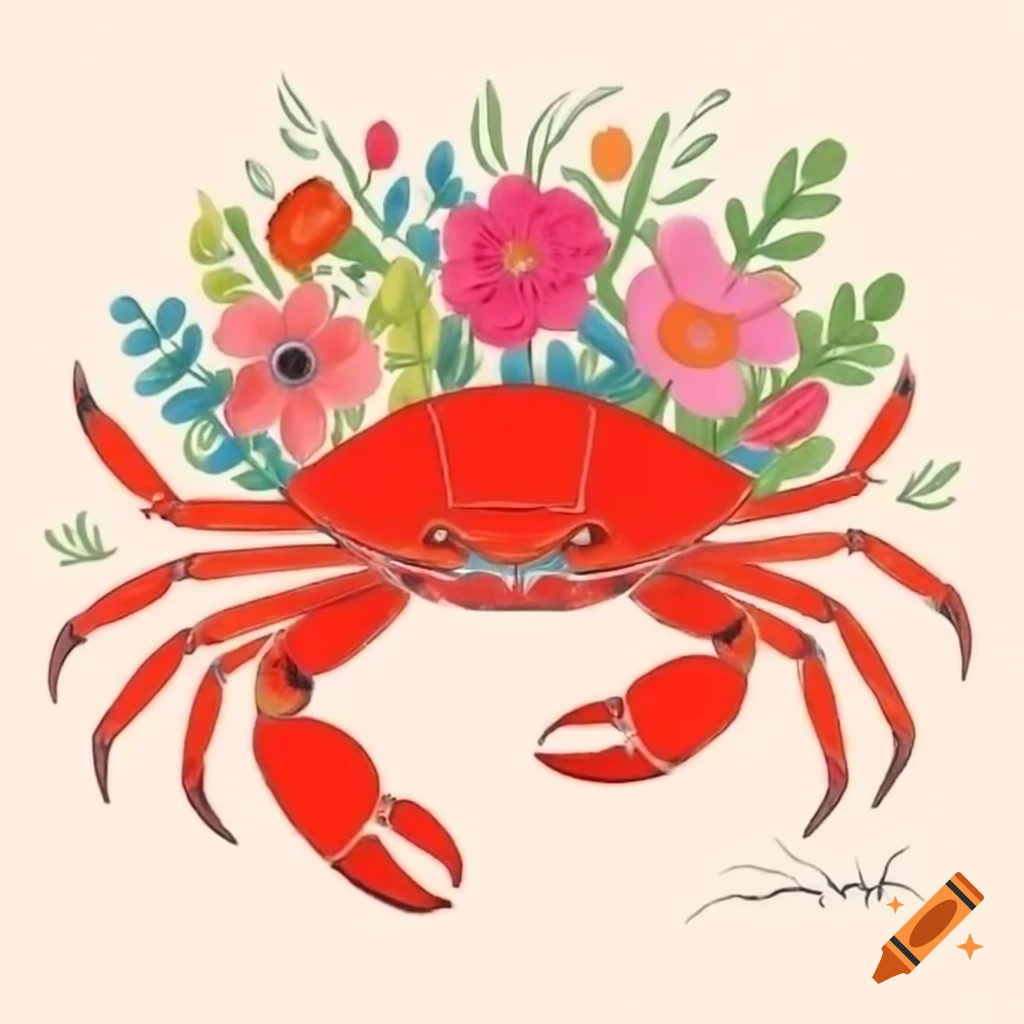 Vibrant pink crab holding bouquet of summer flowers