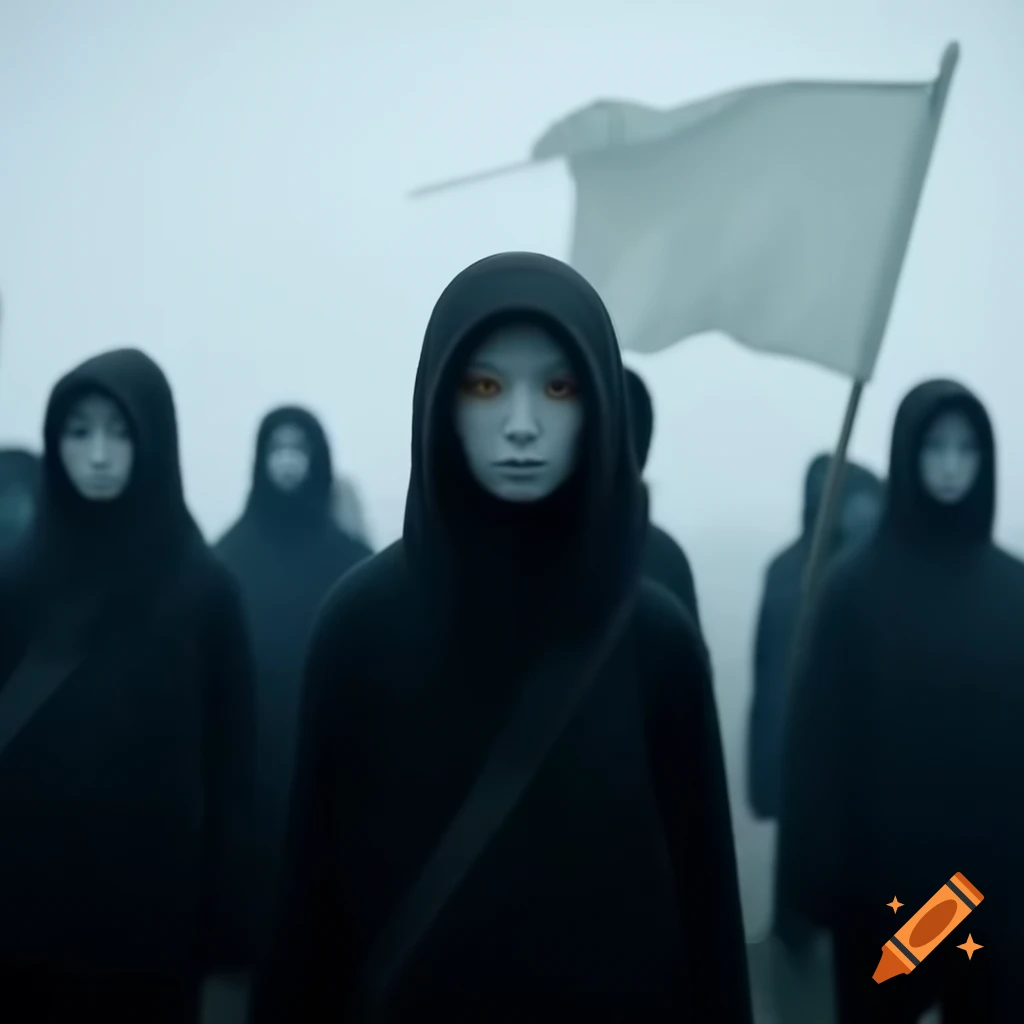 Dystopian faceless mob carrying large white flag