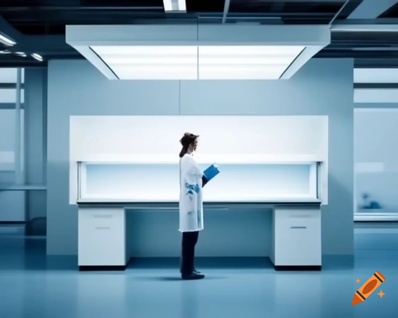 Modern laboratory with APEX-2 fume cupboard and middle-aged female scientist