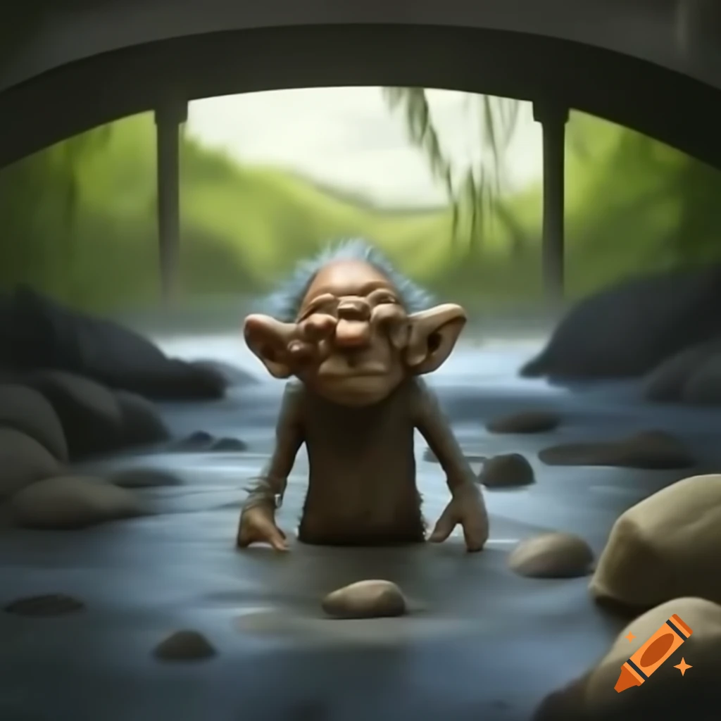 Troll's corpse in river under bridge, eerie scene