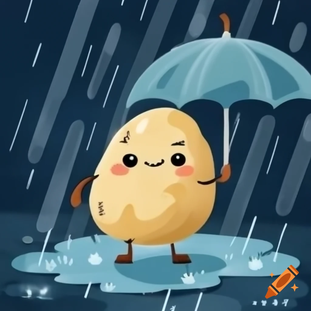 Potato sheltering under an umbrella in the rain