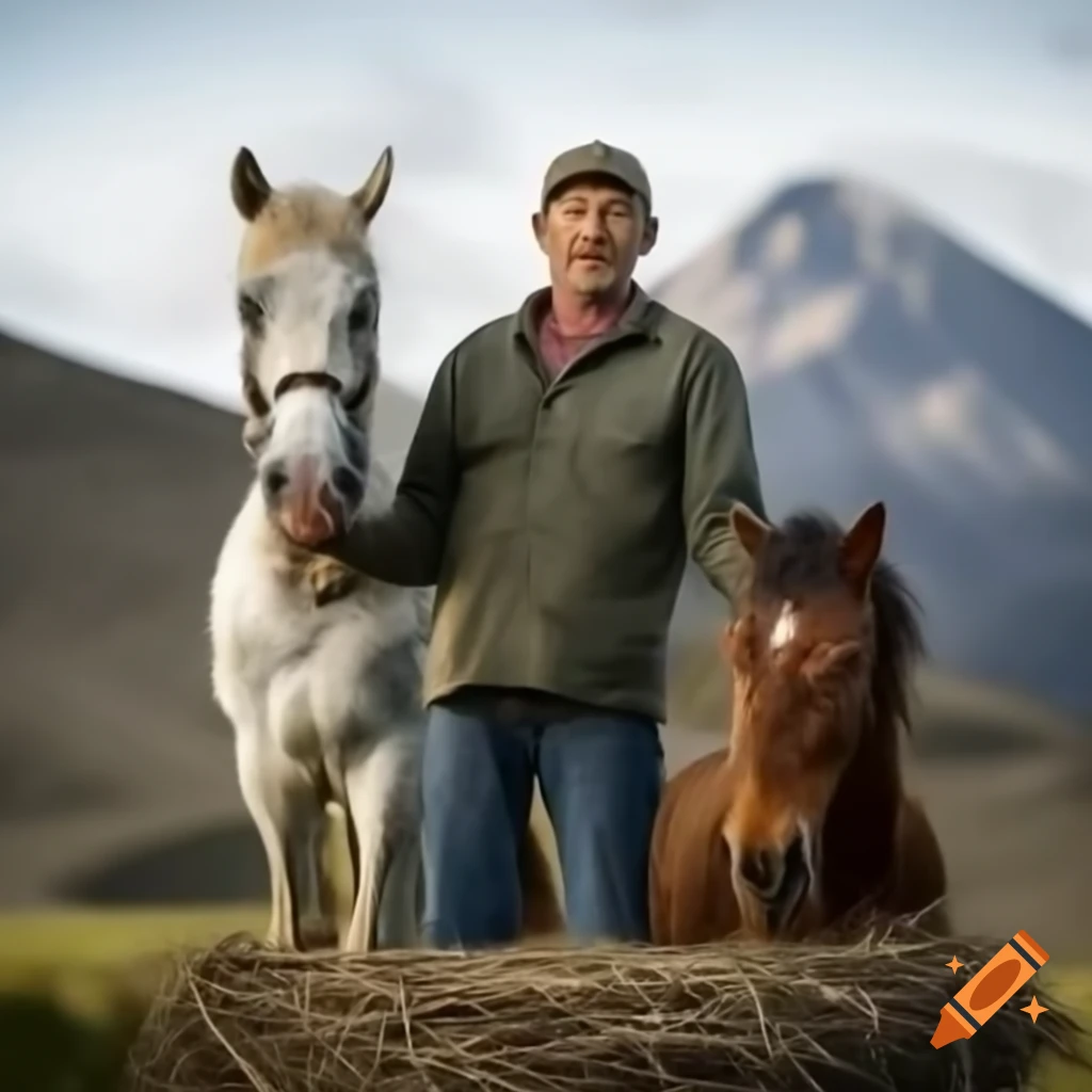 Farmer with horse in front of mountain landscape
