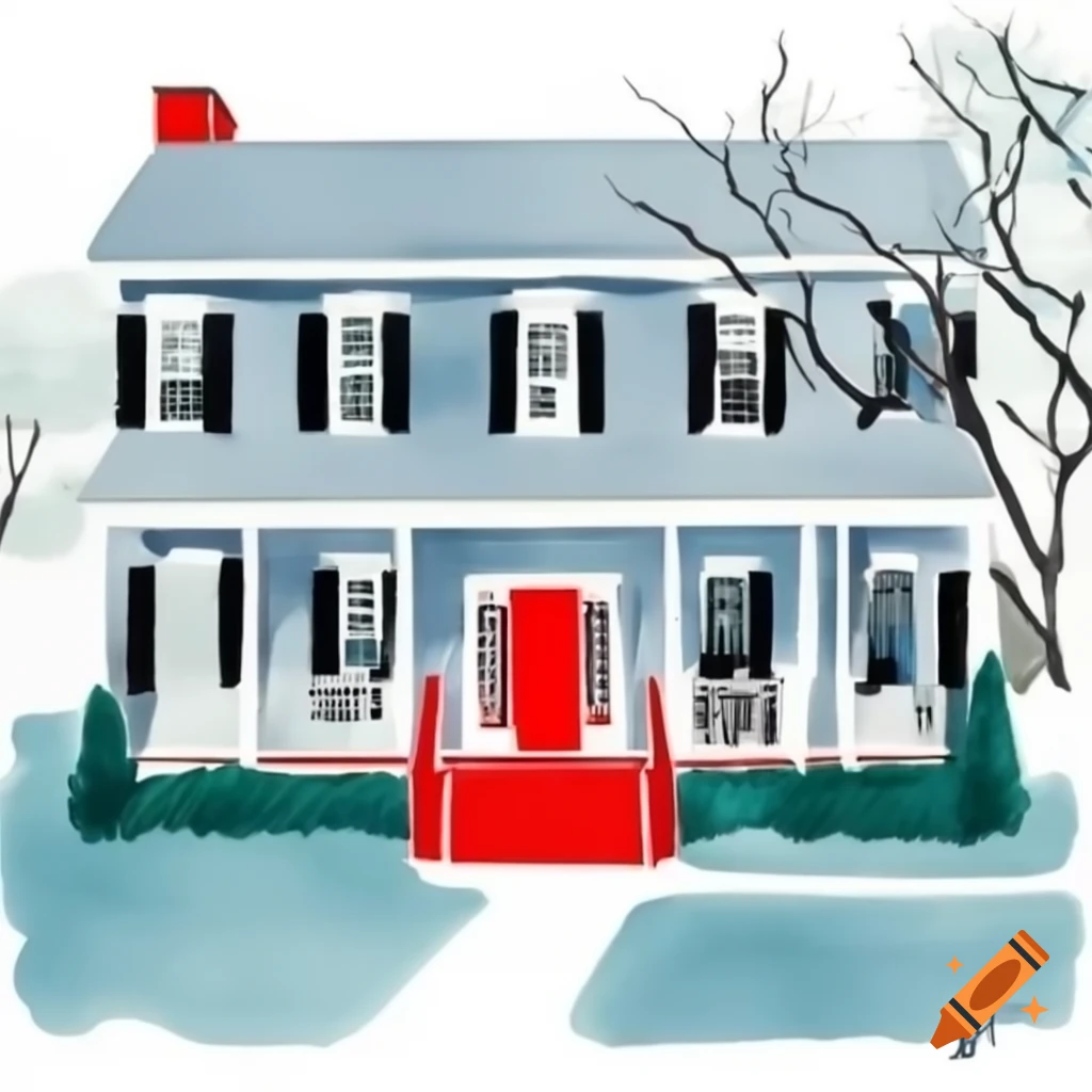 Childlike watercolor of a two-story colonial home with bluish gray sides and a red front door