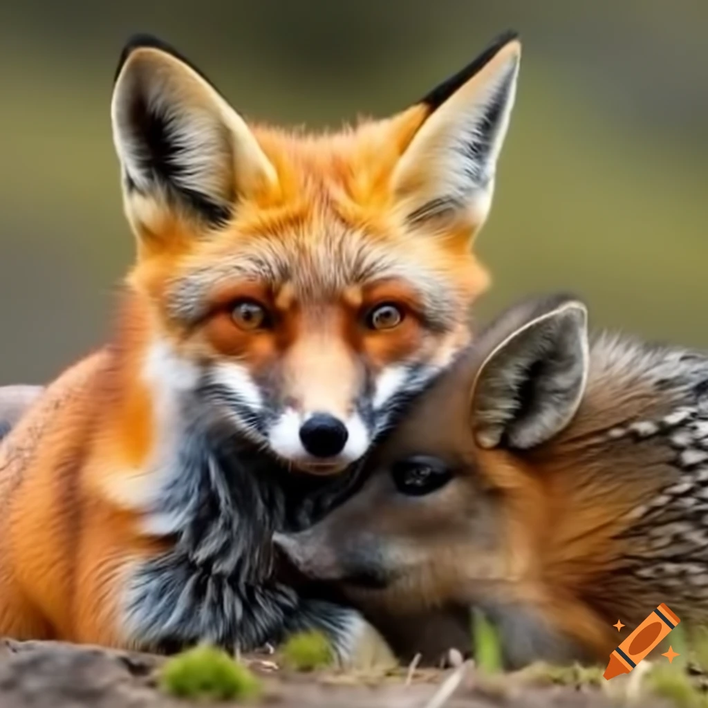Fox interacting with wild boar in natural habitat
