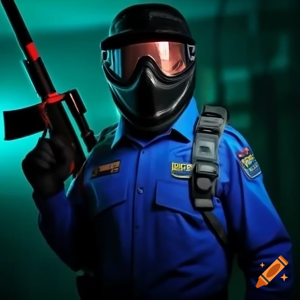 Special ops agent in blue uniform with a paintball gun