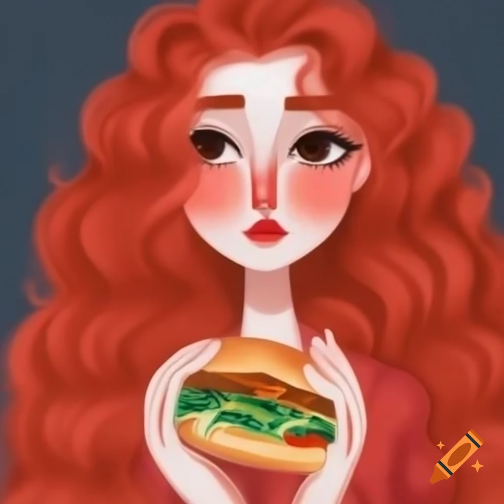 Cozy and modern painting of food alongside a beautiful woman with curly long red hair