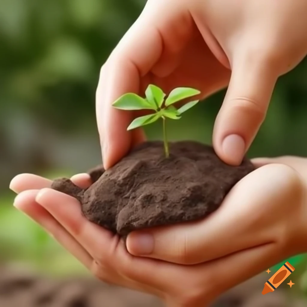 Hands handling terrain with small rose plant