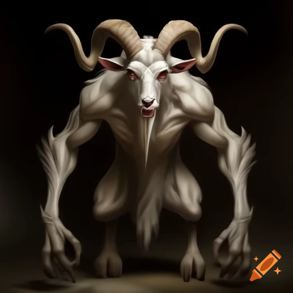 Realistic goat-headed demon with large horns and strong legs, oil painting