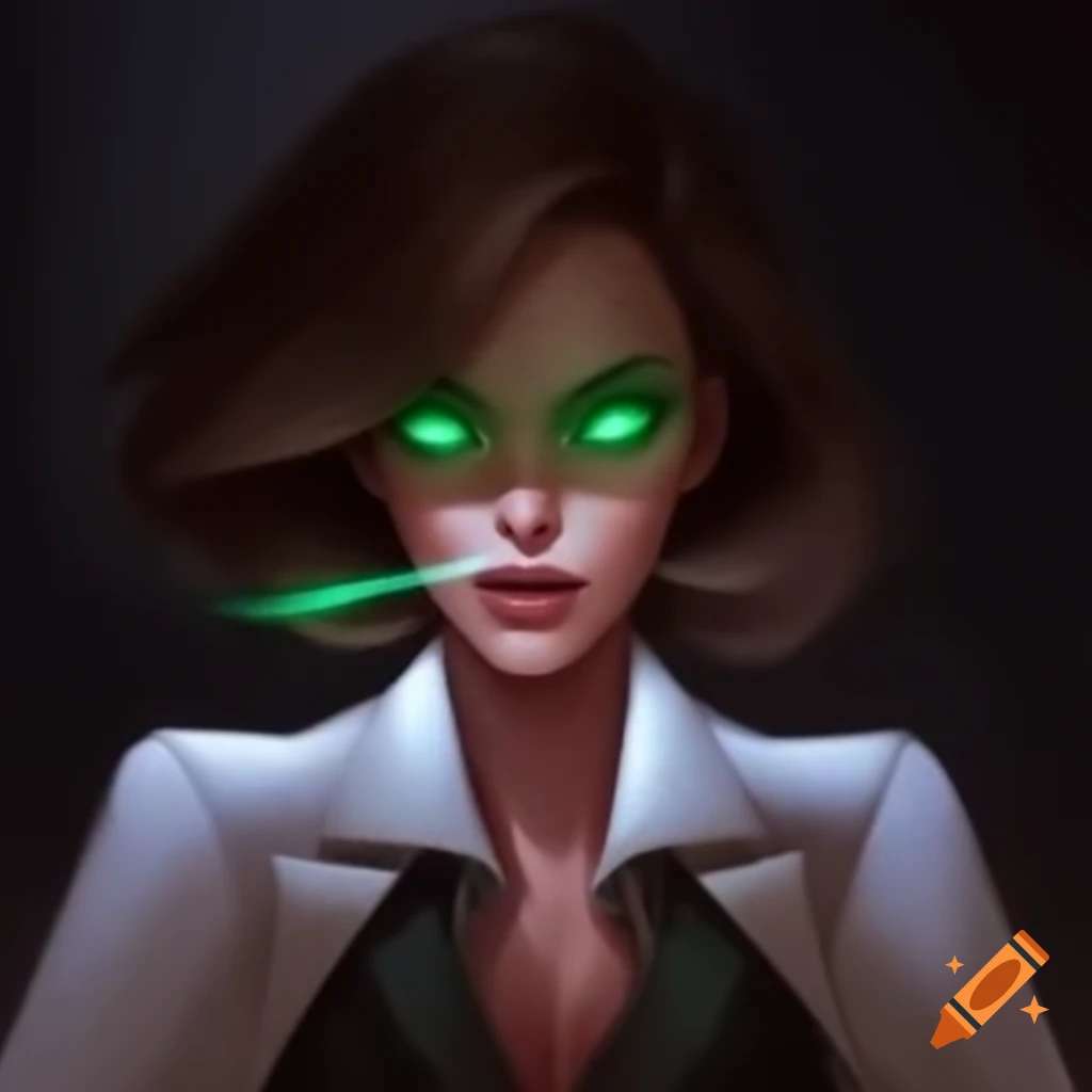 Woman with glowing green eyes and white mask in secretary suit