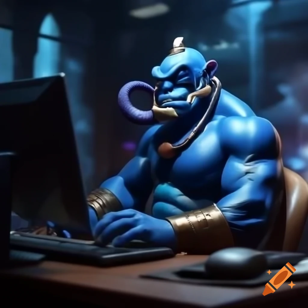 Genie using a computer in a modern setting