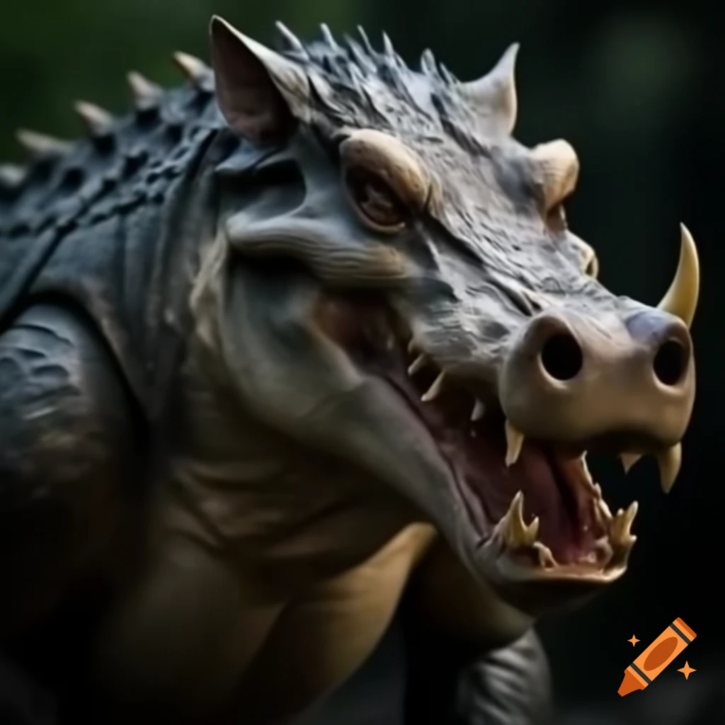 Hyper-realistic wild boar-croc fantasy creature with prominent tusks